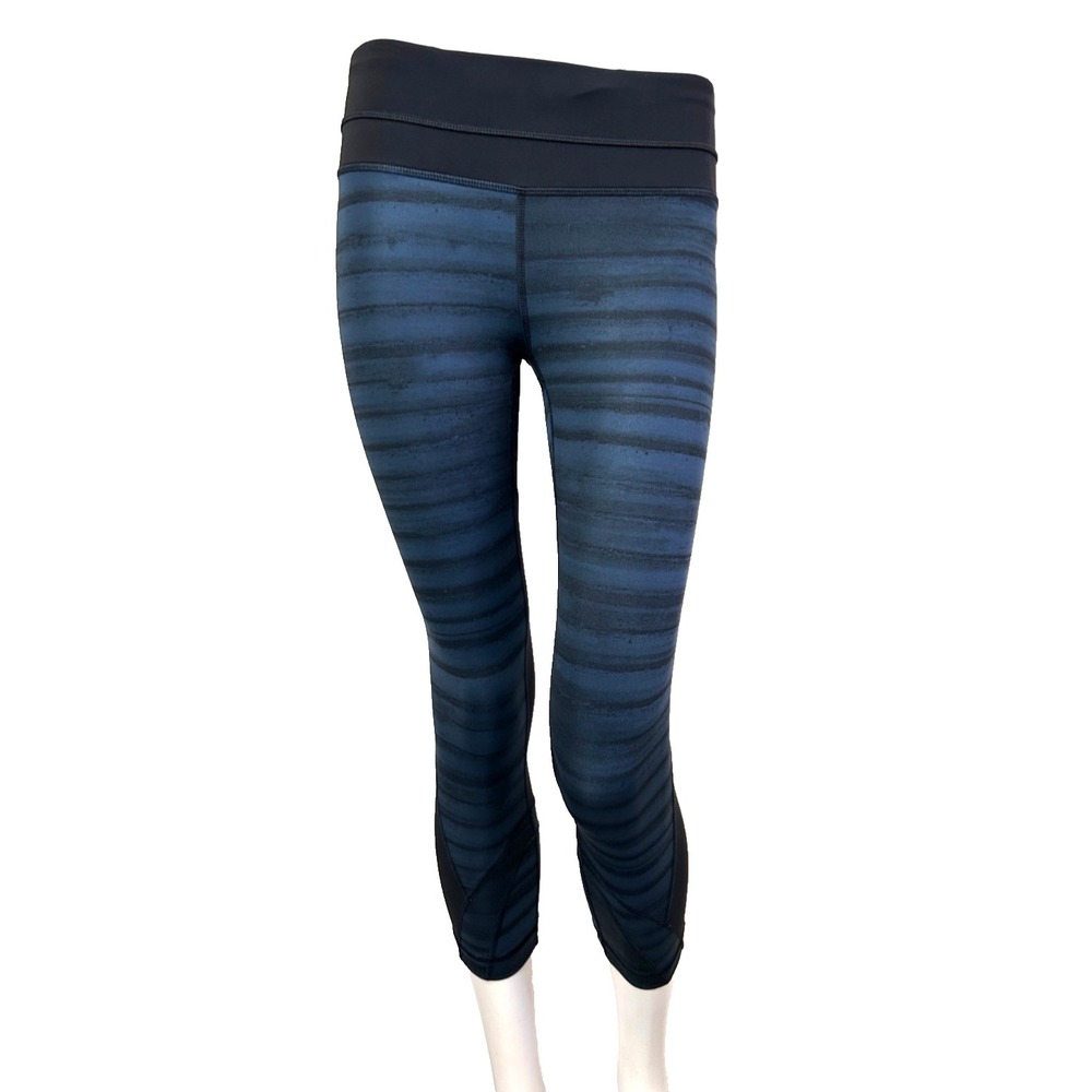 Lululemon Inspire Crop 4 Boom Shell Sea Stripe Blue Mesh Running Leggings Pocket